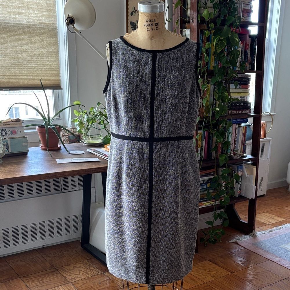 🎀Vintage🎀 90s Jones Studio Herringbone Black + Gray Midi Sheath Dress Size 14